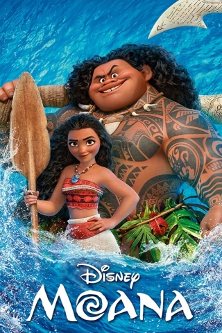 Movie poster of Moana and Maui standing confidently with ocean waves around them
