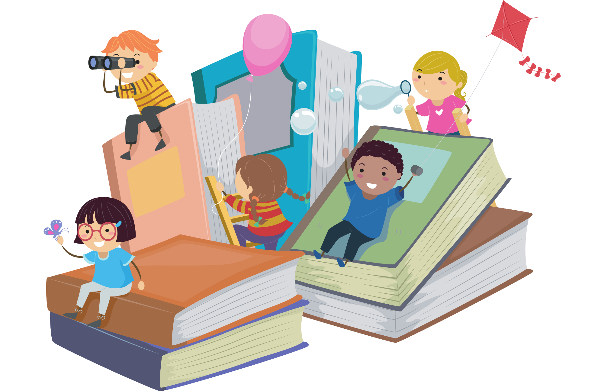 Cartoon image of children playing on giant stacks of books