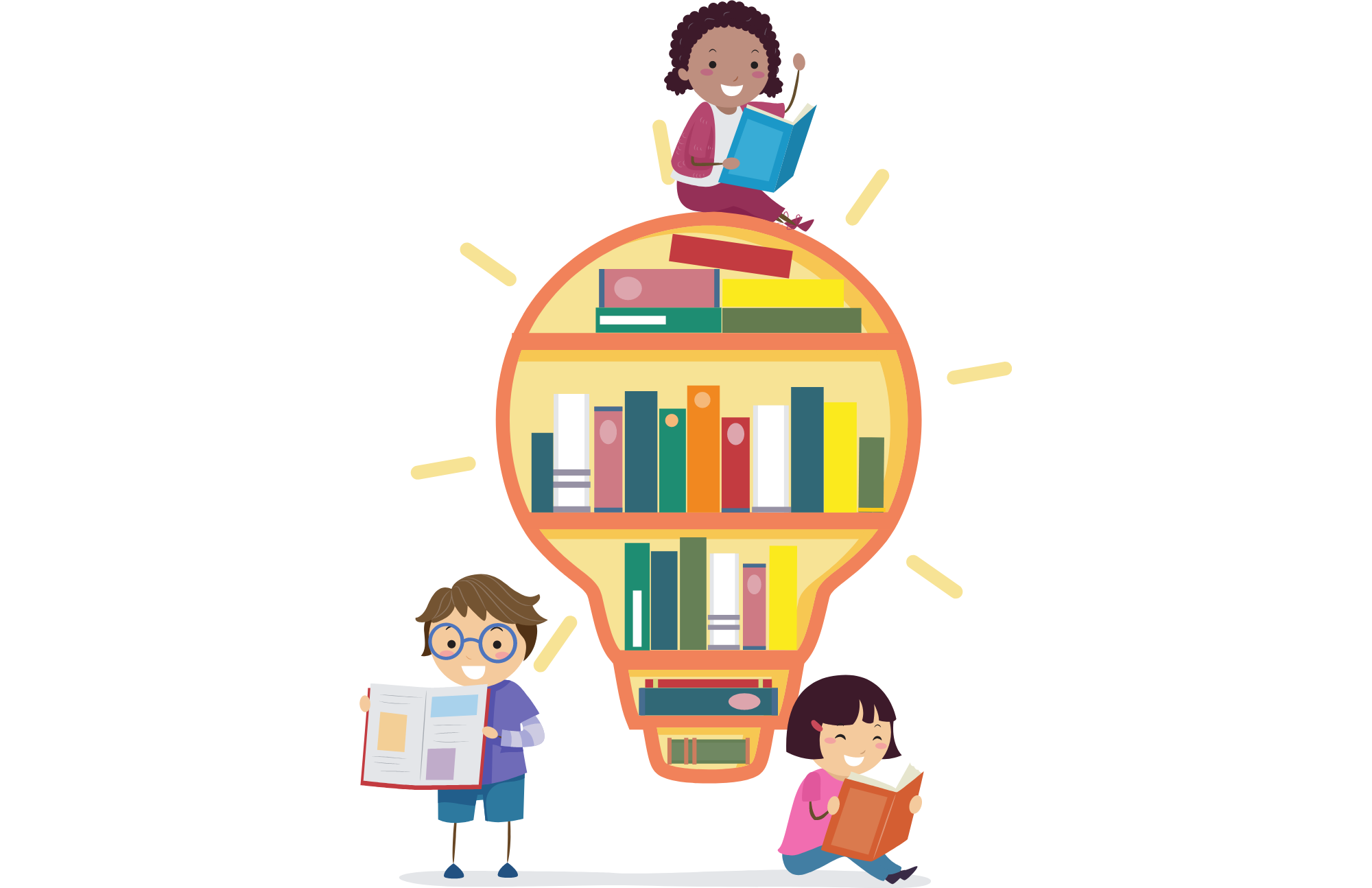 Light bulb filled with books with children reading around it