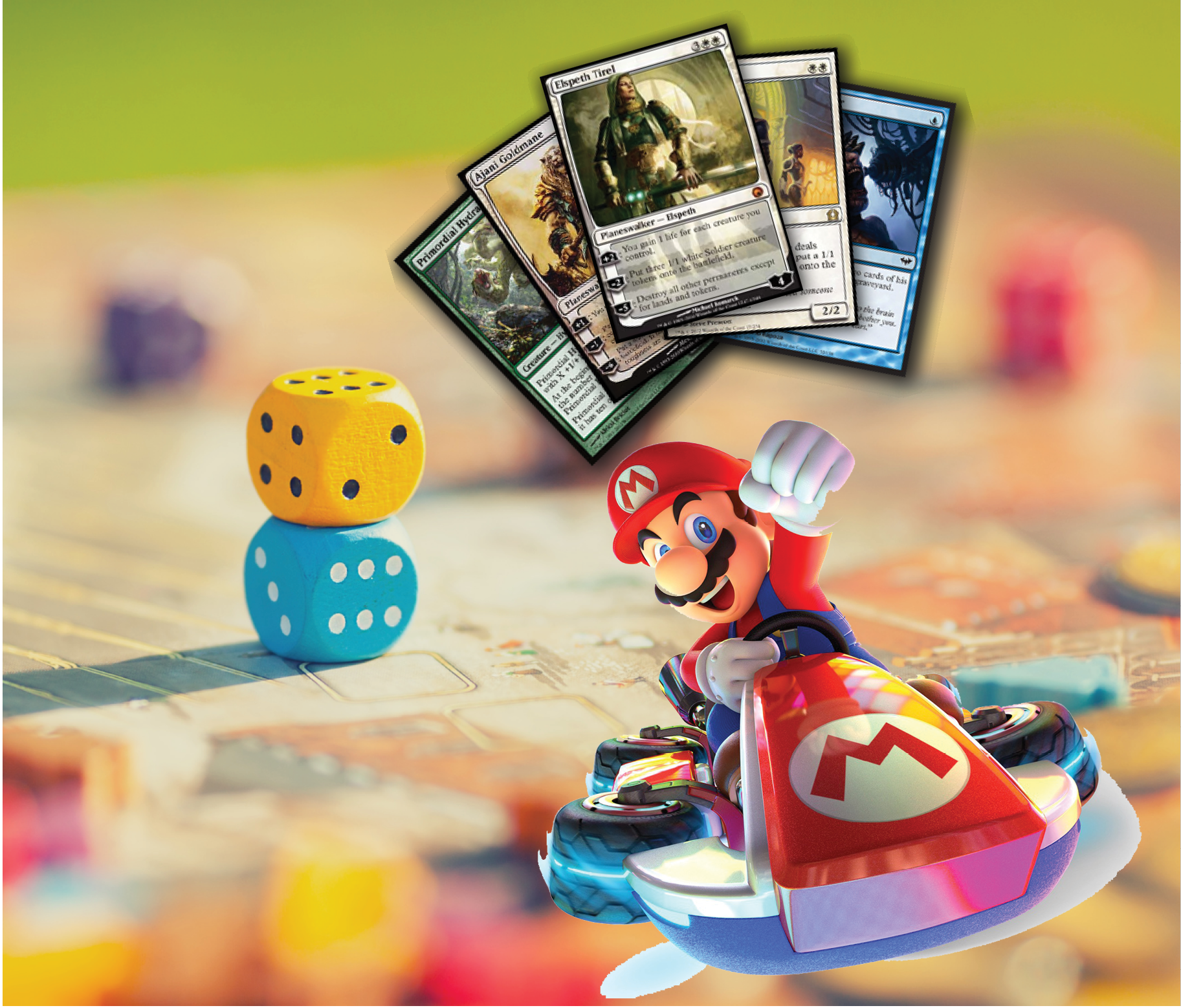 Dice, trading cards, and MarioKart icons