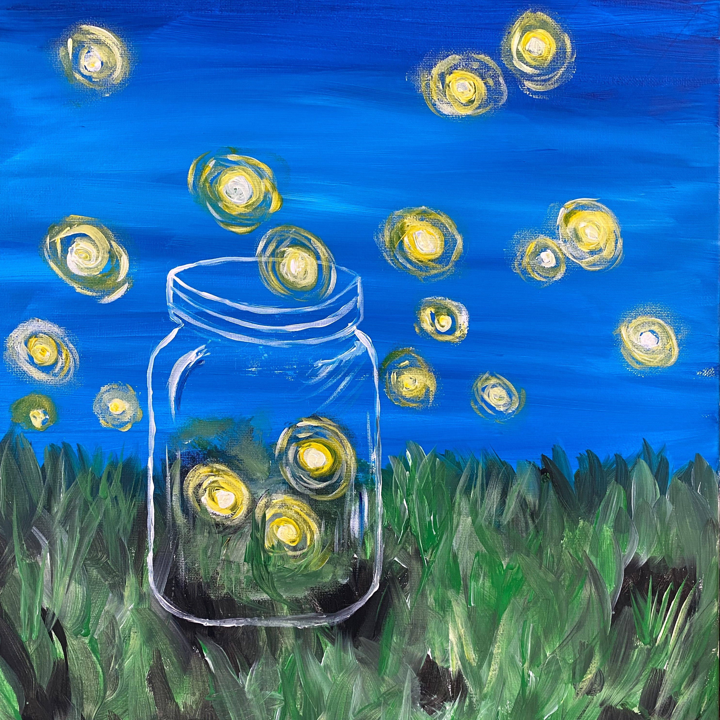 Painting of a field with fireflies in a jar