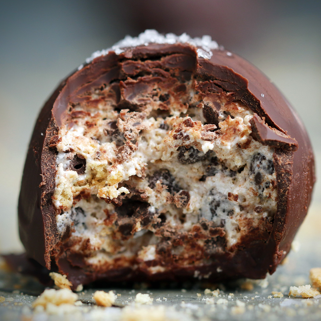 A cross section of a s'more truffle