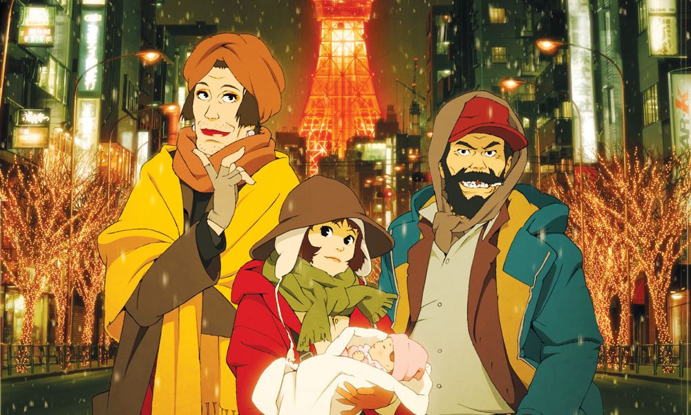 cover image of the anime film tokyo godfathers, featuring the main characters