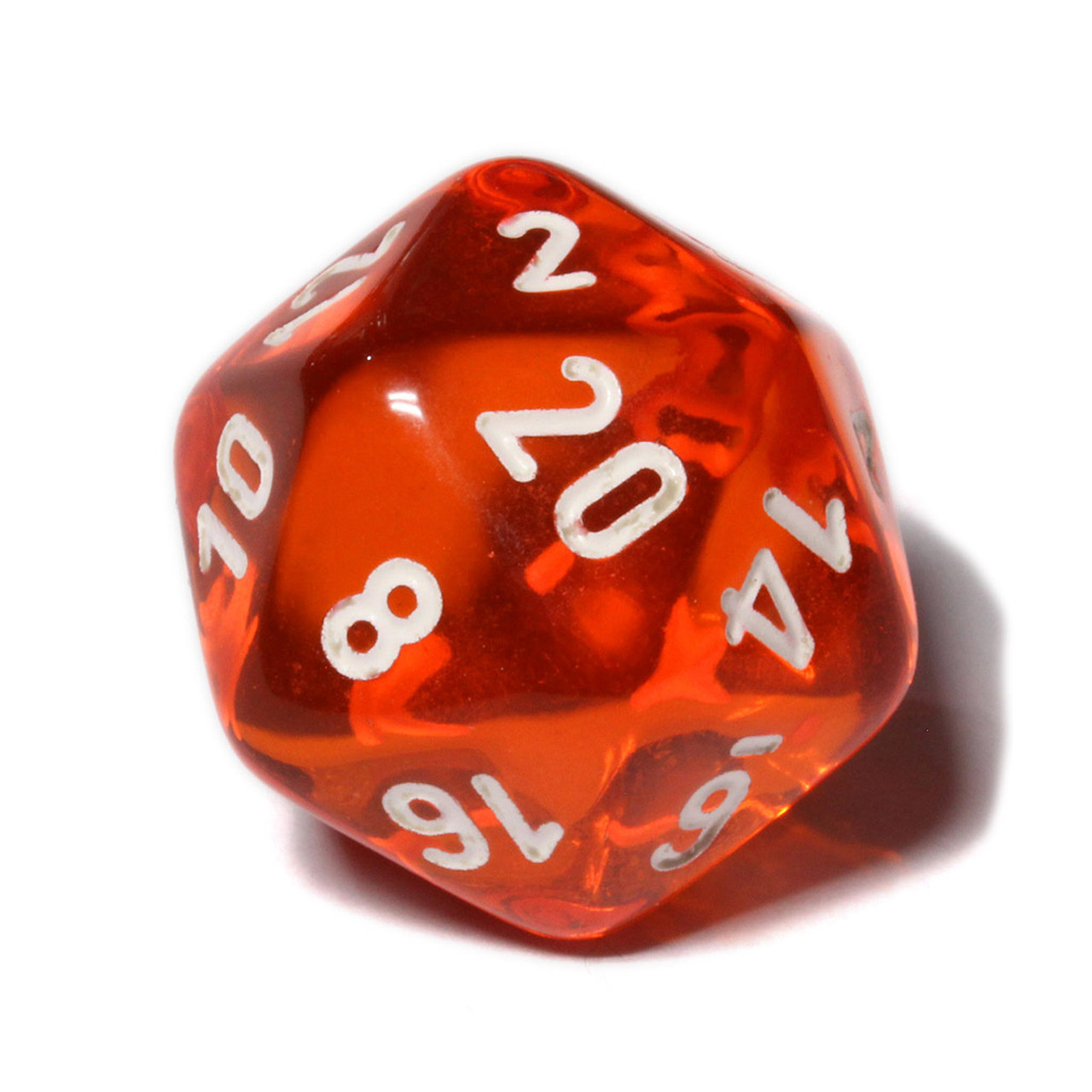 A red 20 sided die with the 20 facing upwards