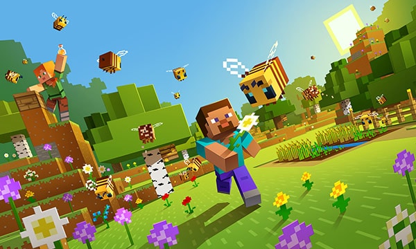 Minecraft characters in a field full of bees