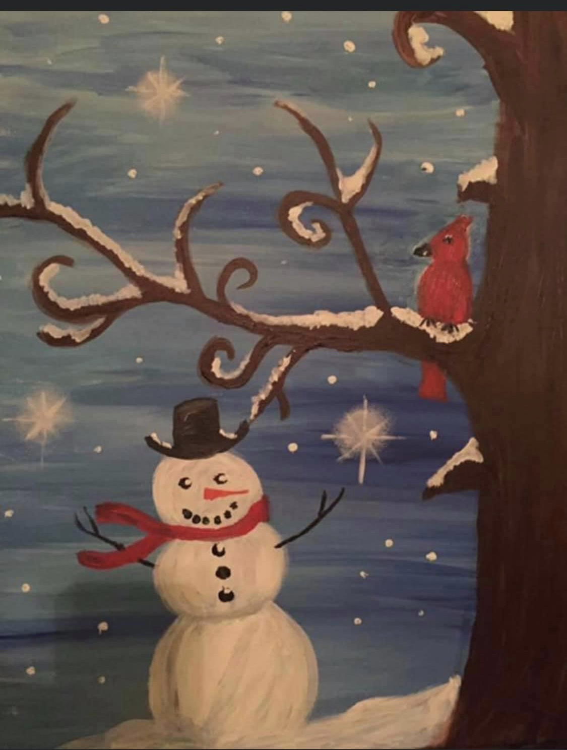 Winter scene with a snowman, cardinal, and a tree