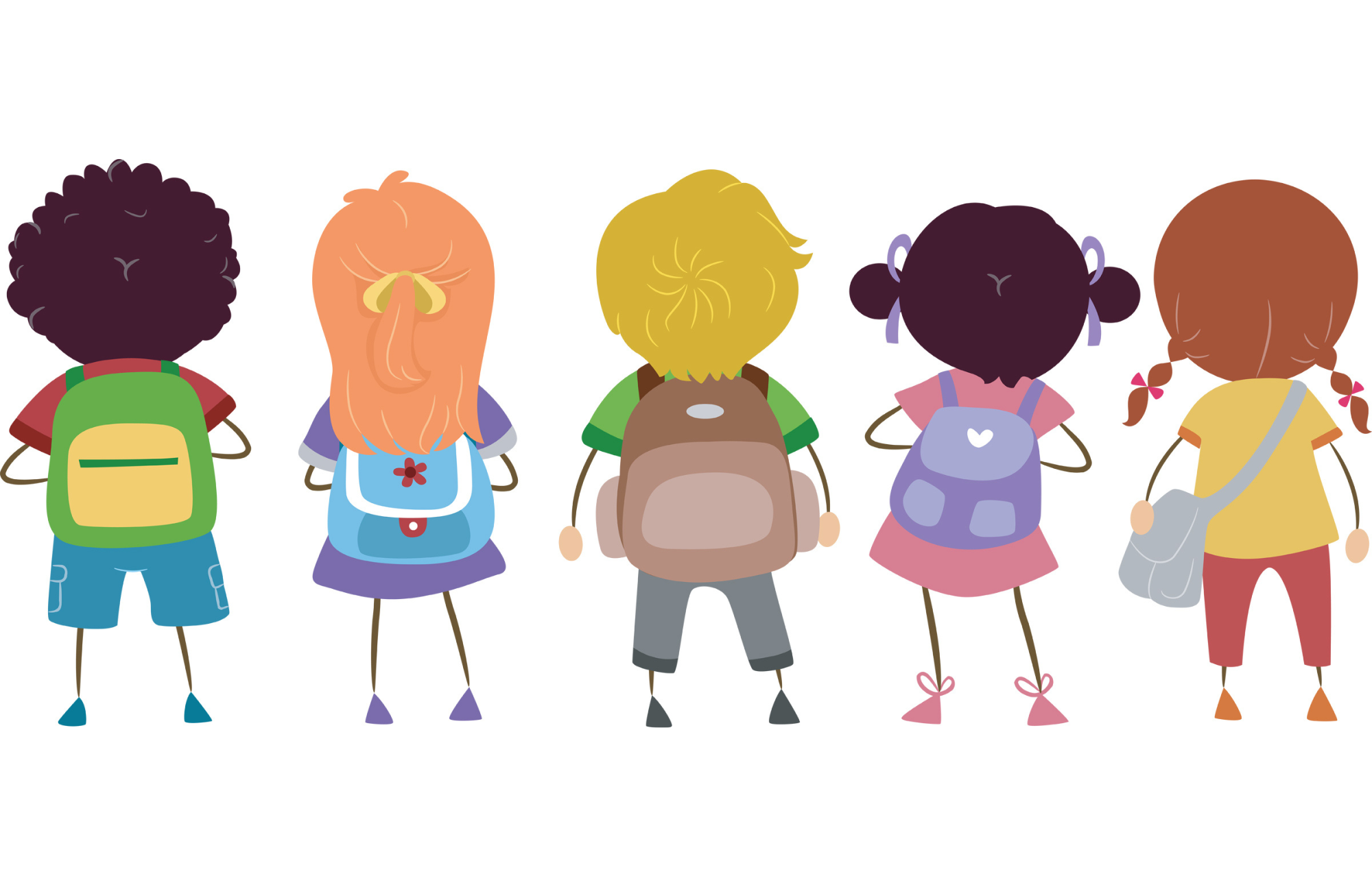 Children standing in a line wearing backpacks