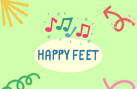 A oval shaped logo that reads "Happy Feet"