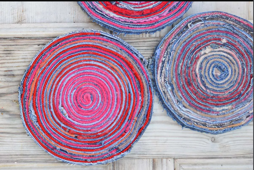 image of placemats that have been braided into circles with old fabric