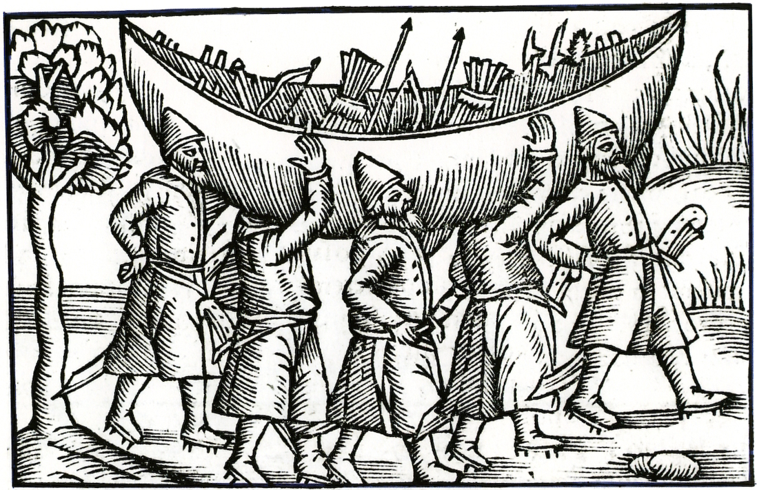 Woodcut of Vikings carrying a boat