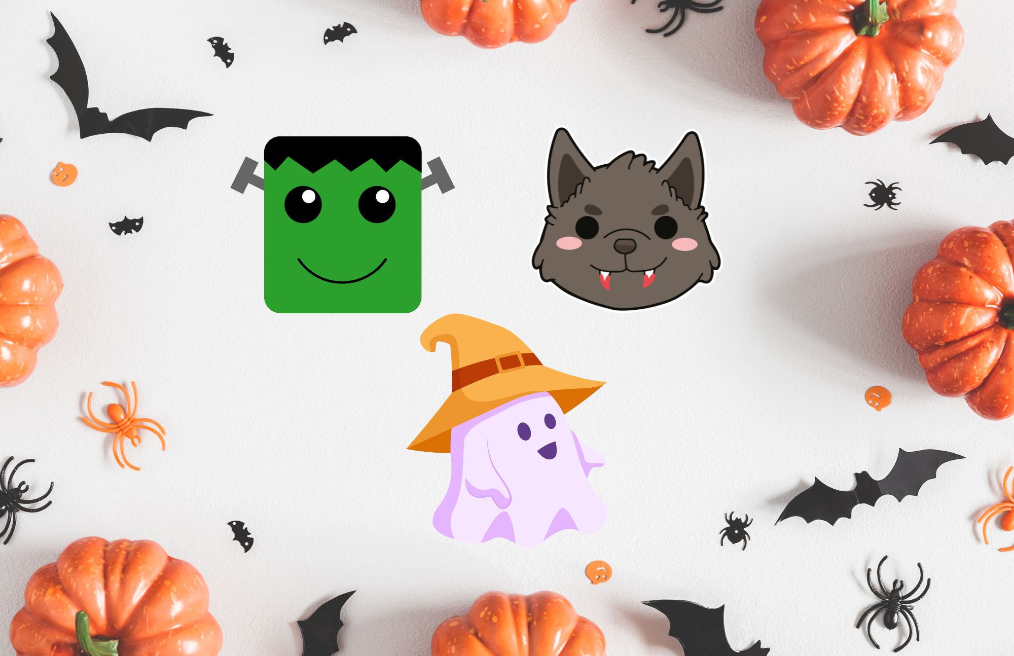 Frankenstein, werewolf, & Ghost in a witch hat on a pumpkin and bat background