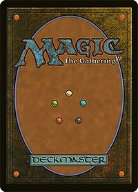 The back of a Magic the Gathering card. It is brown and has the word Magic on it in blue text.