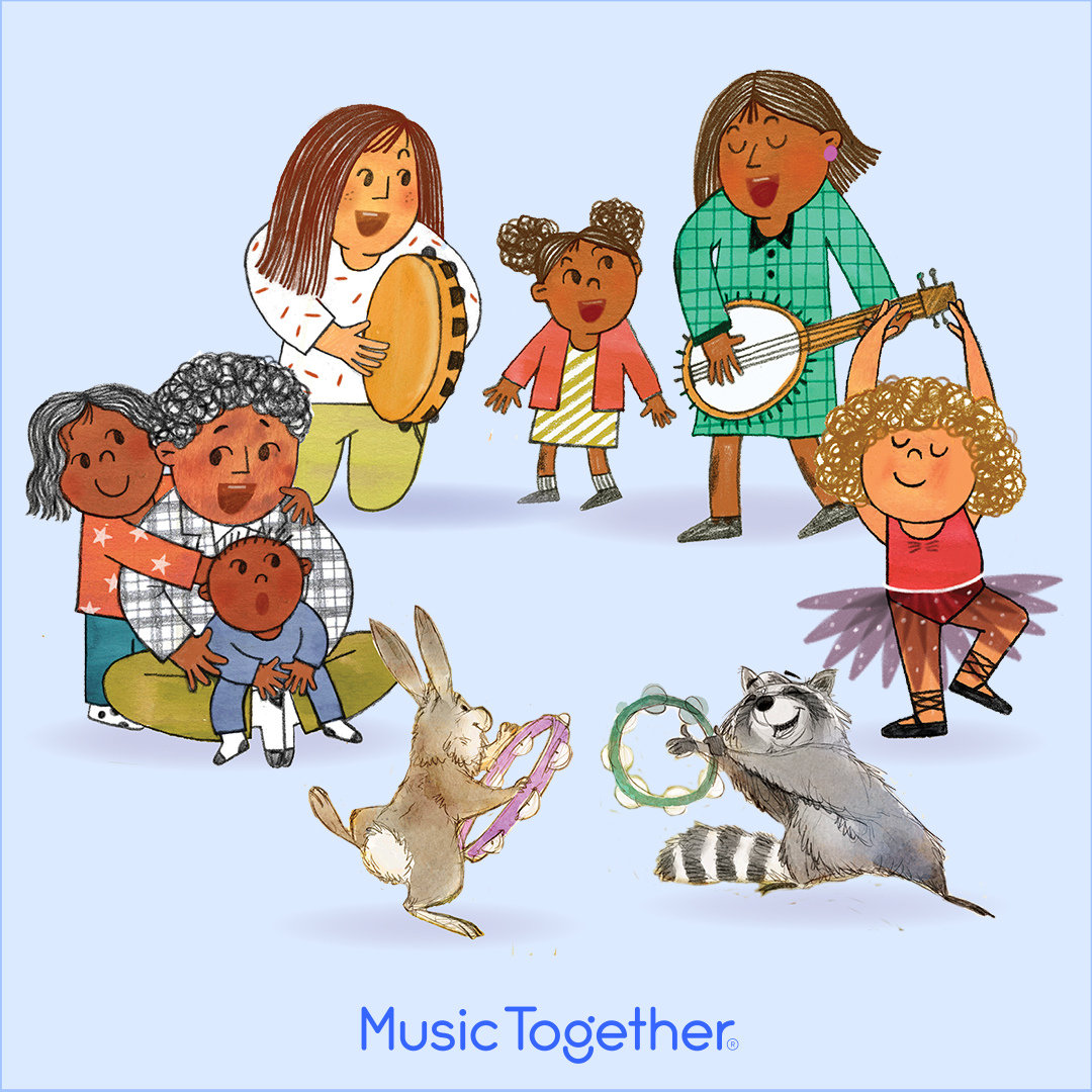 Illustrated children, adults, rabbit, and raccoon are circled together singing and playing instruments