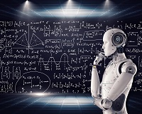 robot in profile in front of blackboard with equations written on it