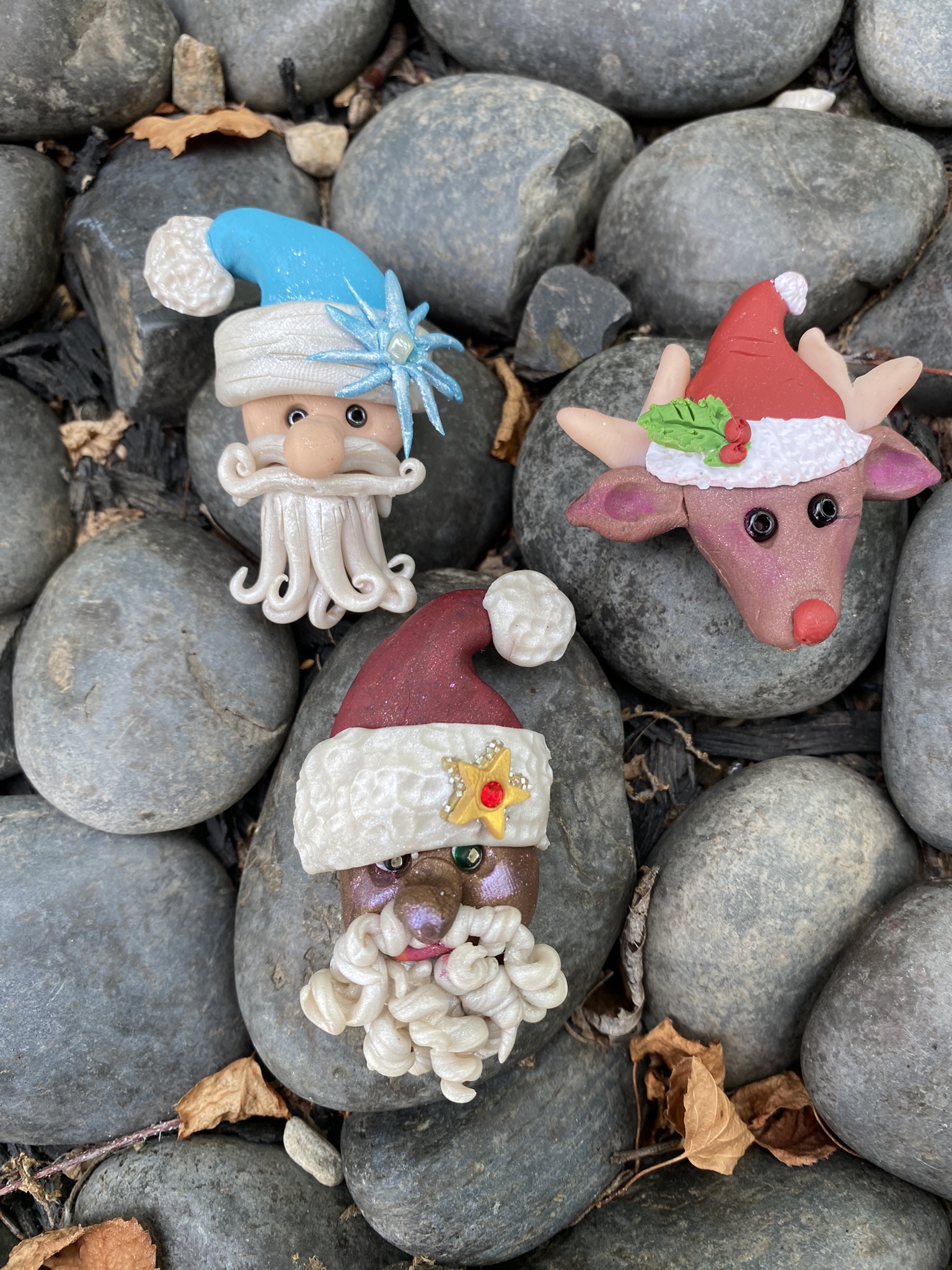 gnome, Santa, and reindeer pins