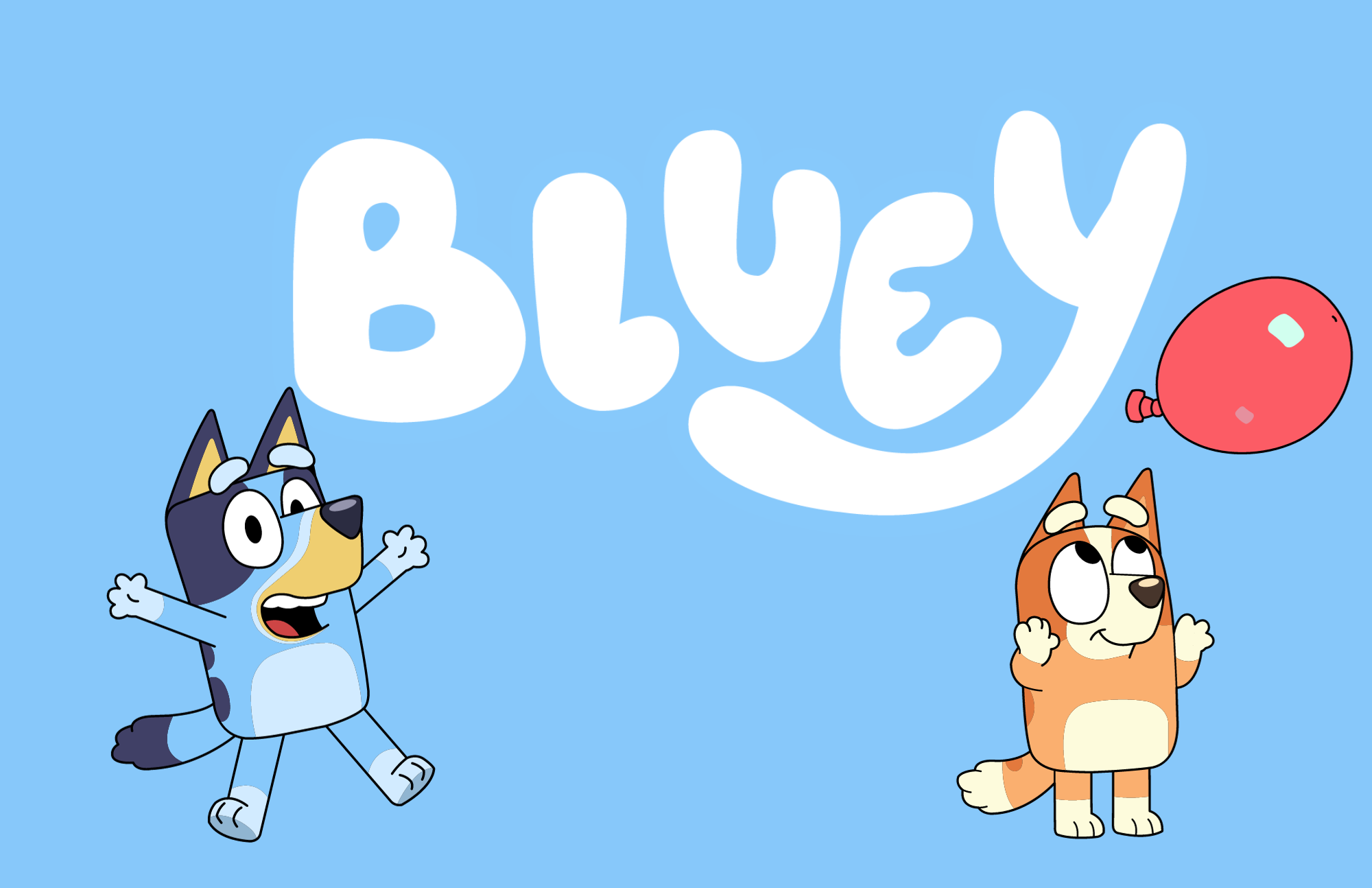 Bluey character is jumping and Bingo is looking at red balloon is sky