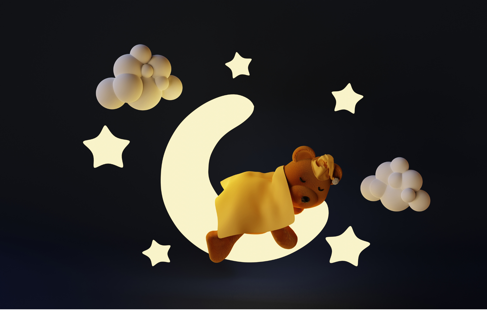 Teddy Bear sleeping on a crescent moon with stars and clouds around it. 