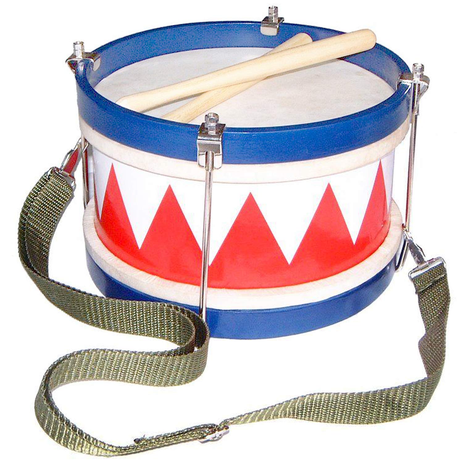 A white drum with a red triangle pattern and a blue rim. 