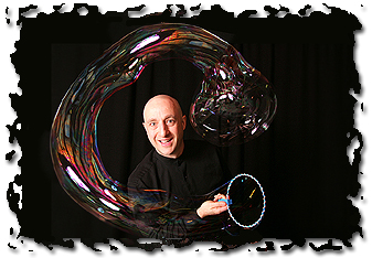 Photo of Casey Carle with a giant bubble surrounding his head.