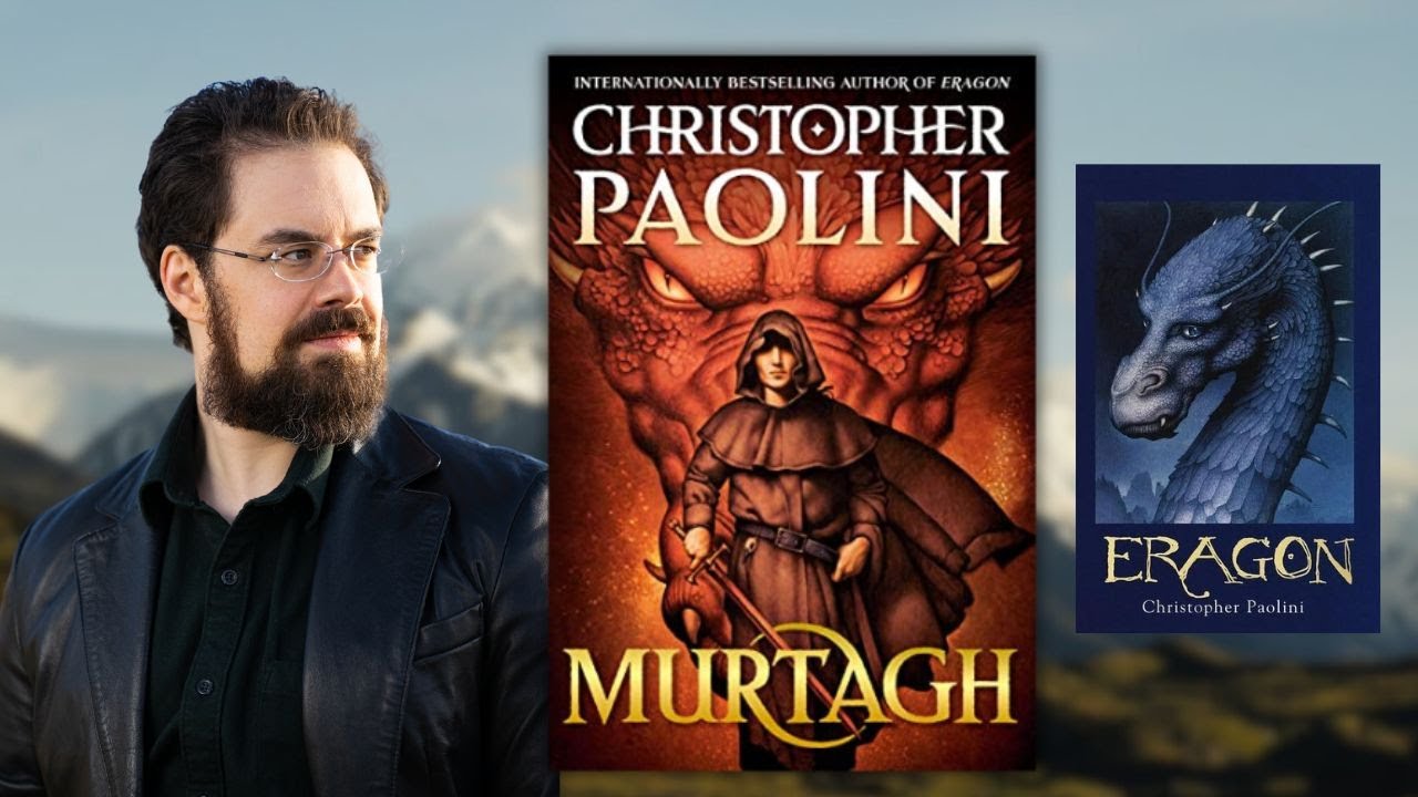 Author Christopher Paolini and covers of two of his books