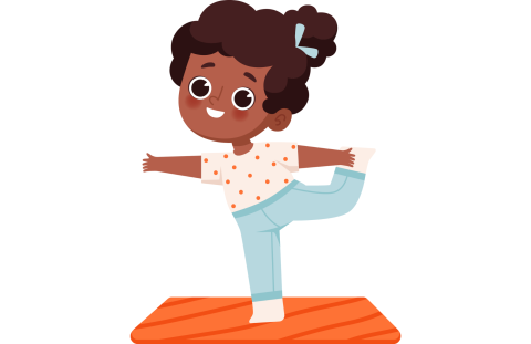 Brown skinned girl wearing blue pants and white shirt, standing one foot doing a yoga pose.