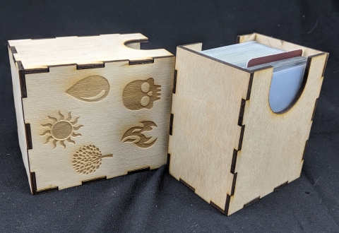 A wooden deck box with various magical symbols etched into it