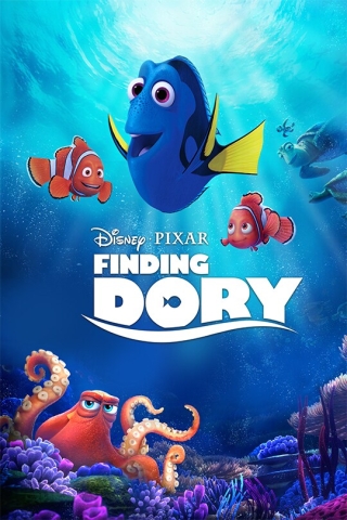 Dory swimming happily in ocean with other characters near by