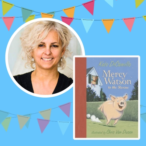 Photo of author Kate DiCamillo alongside the cover of the book "Mercy Watson to the Rescue."