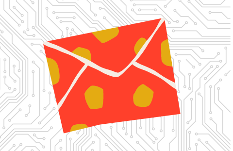 Circuit background with a red envelope with yellow polka dots in forefront at a jaunty angle