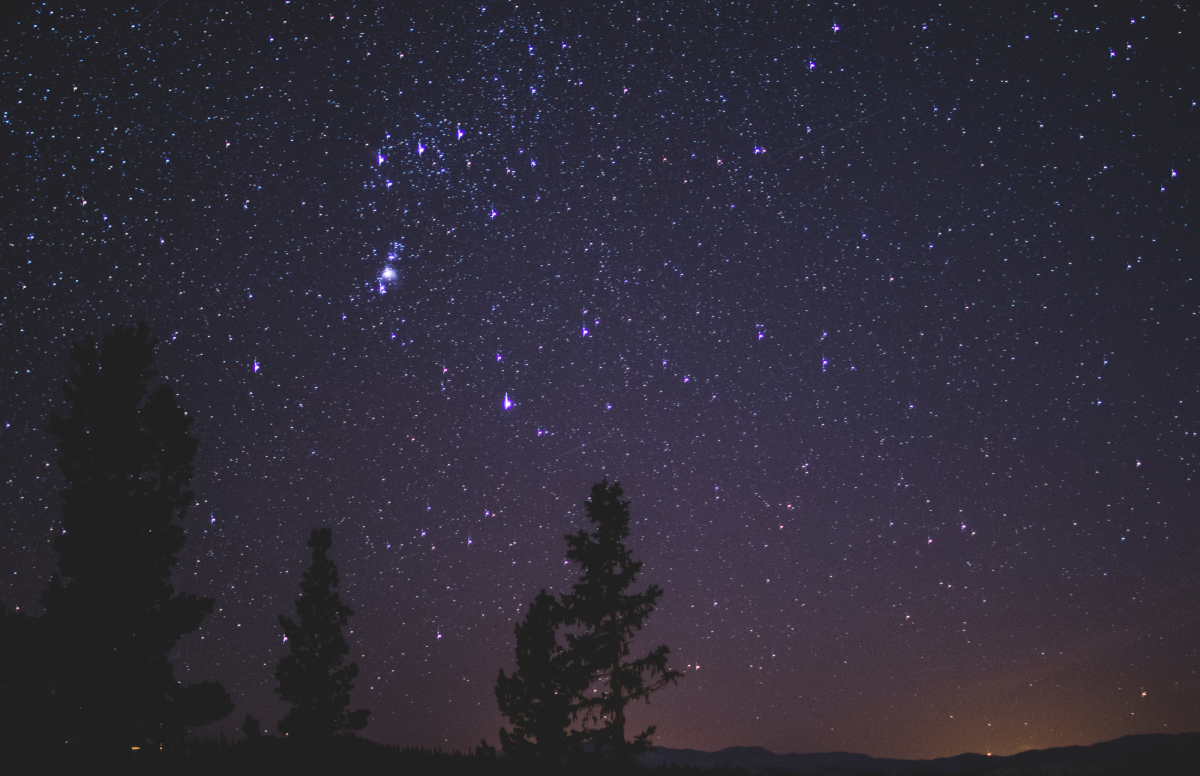 Night time view of sky with trees on the horizon